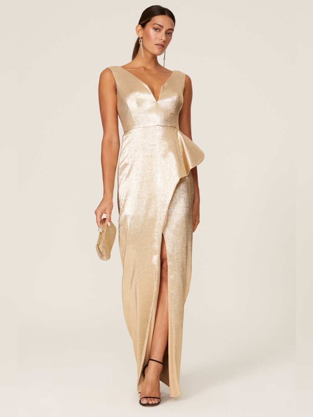 Black Halo Gold Hendricks Gown Metallic Gold V-Neck Maxi Dress Side Peplum